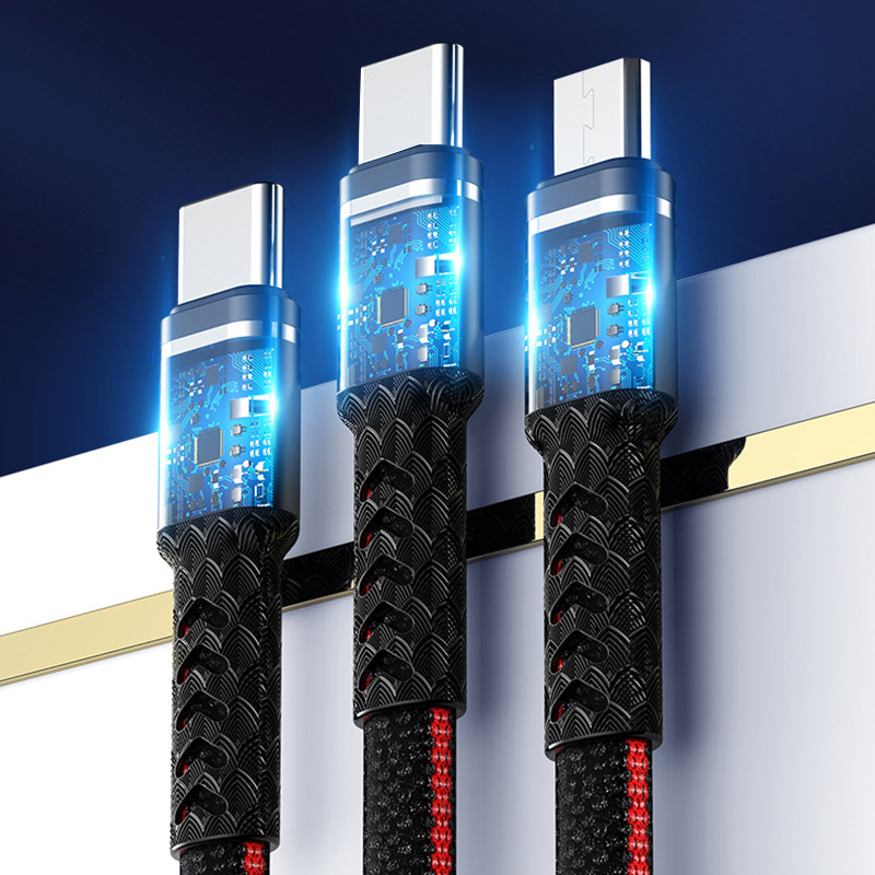 3 In 1 1.2m USB 2.0 Charging Cable 3A Fast Charging Type C Mobile Phone