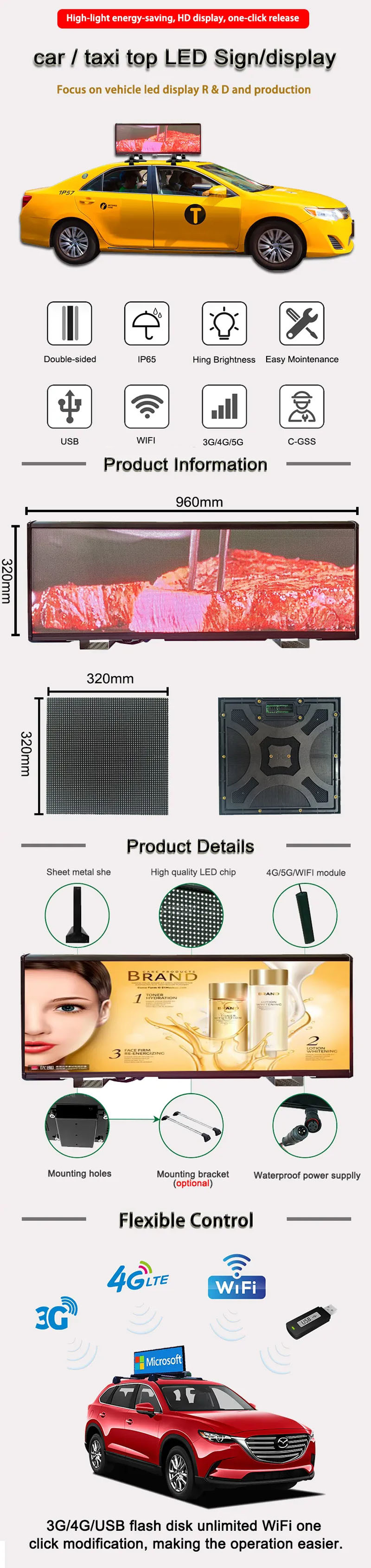 P2.5 Waterproof Taxi Top Led Display Double Sided Digital Mobile Media