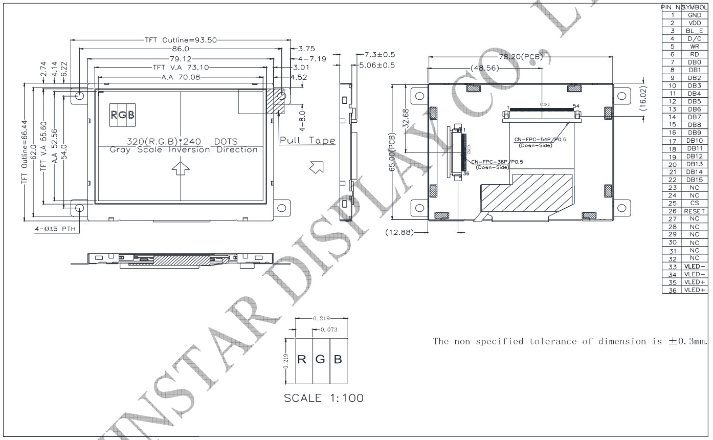 3.5'' 320*RGB*240 SSD1963 Wide Temperature TFT LCD Module