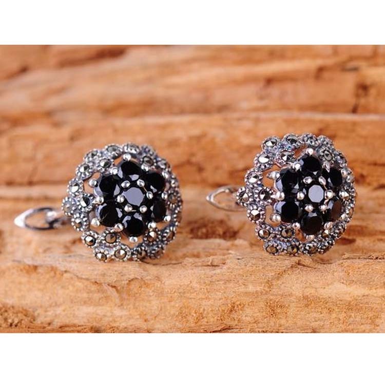 Thailand Silver Pave Marcasite Stud Earrings Women's Vintage Jewelry (E11064BLACK)
