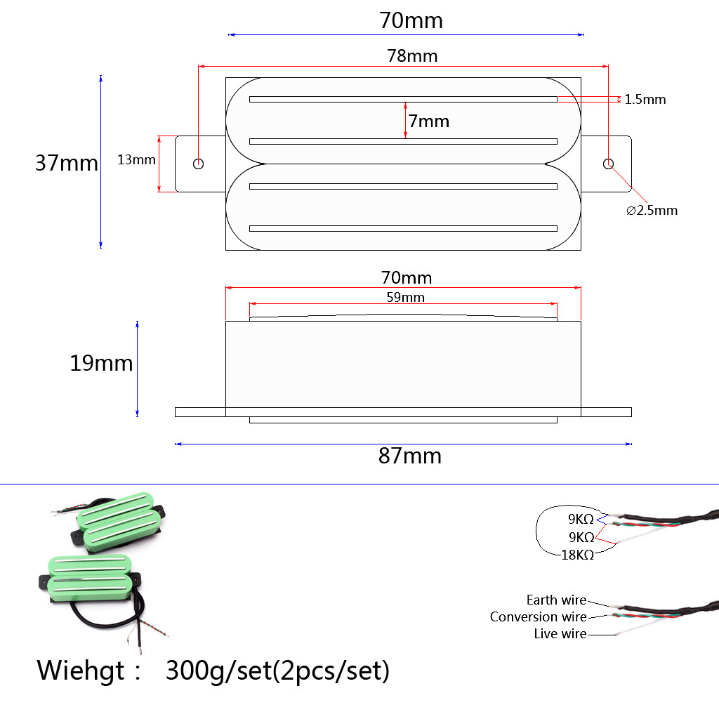 Ceramic Magnet Dual Rail Humbucker Pickup 9KΩ N/M 18 KΩ/B ABS Green Cover