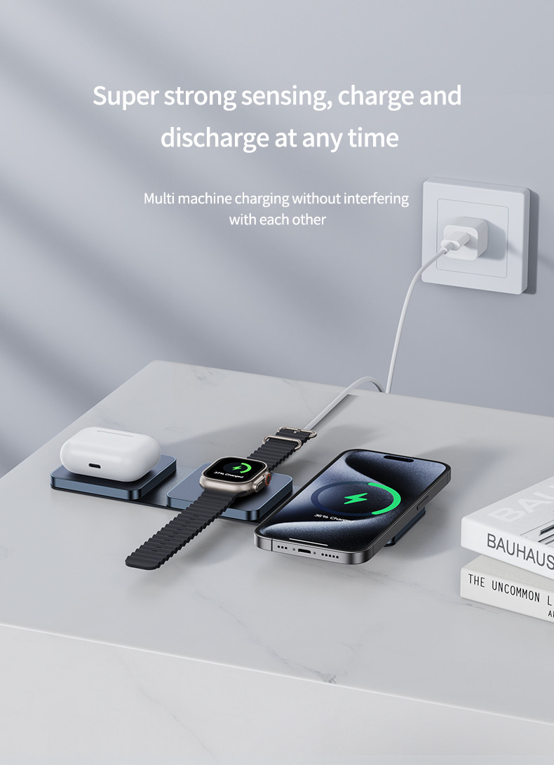 Foldable Wireless Charger with Aluminum Frame and Silicone Pad for Airpods and Apple Watch