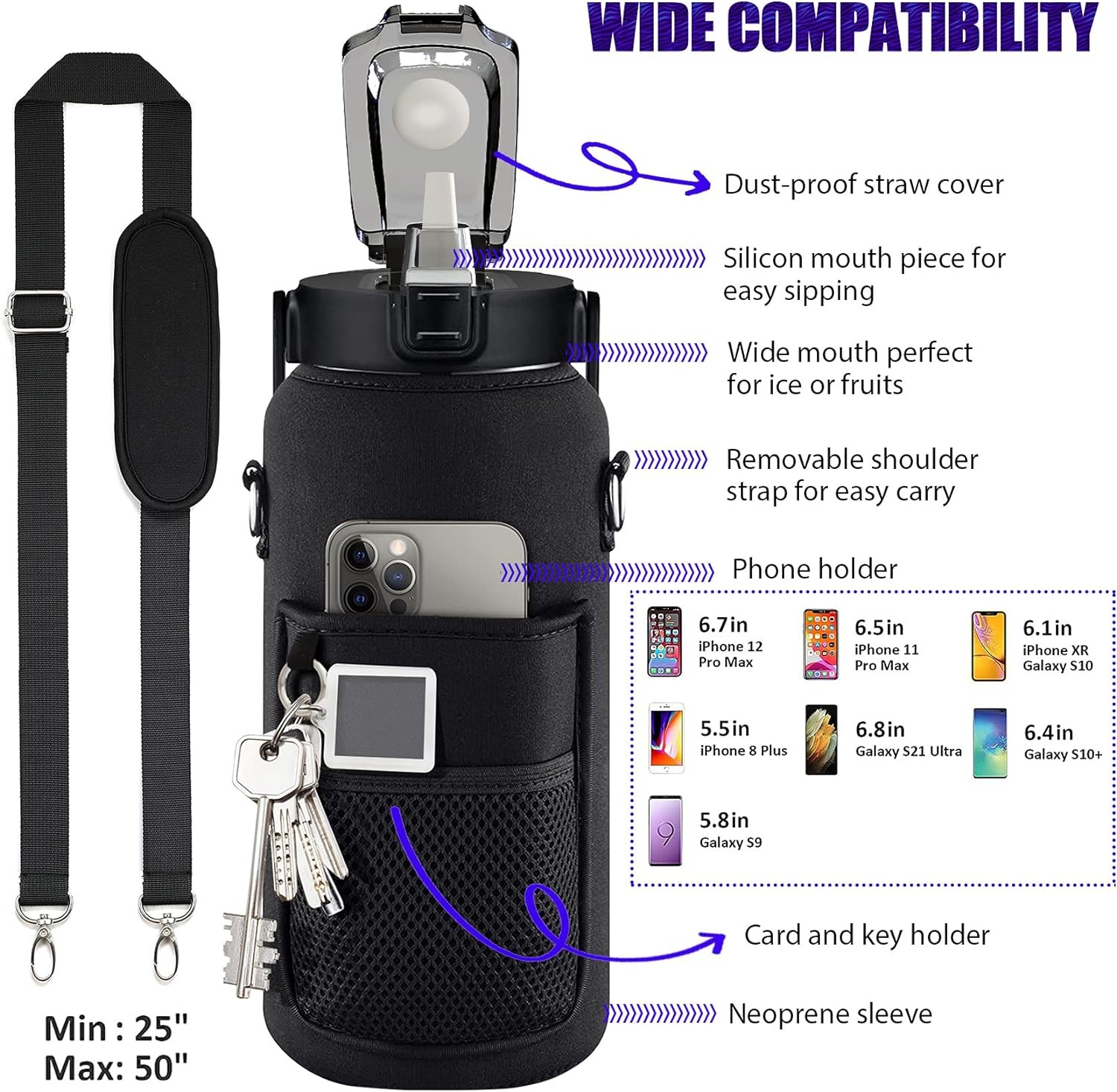 Half Gallon Water Bottle With Sleeve 64oz (2L) Inspirational Water Bottle With Straw and Time Stamp,