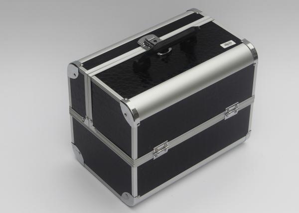 Black Aluminum Makeup Train Box PU Panel Cosmetic Case Double Open Beauty Box