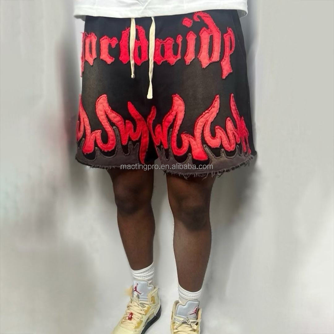 Custom Sun Faded Cotton French Terry Applique Embroidery Acid Wash Men's Sweat Shorts