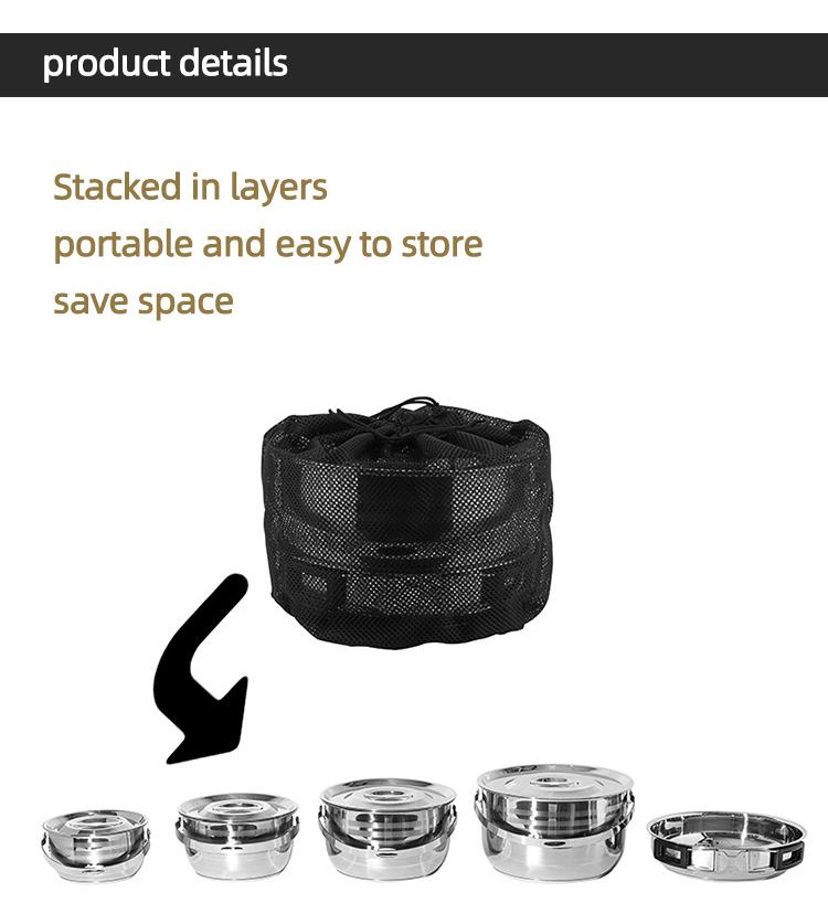 High Quality 9 Pieces Stainless Steel Outdoor Tableware Set Camping Cooking Pot Sets Outdoor Cookware Sets