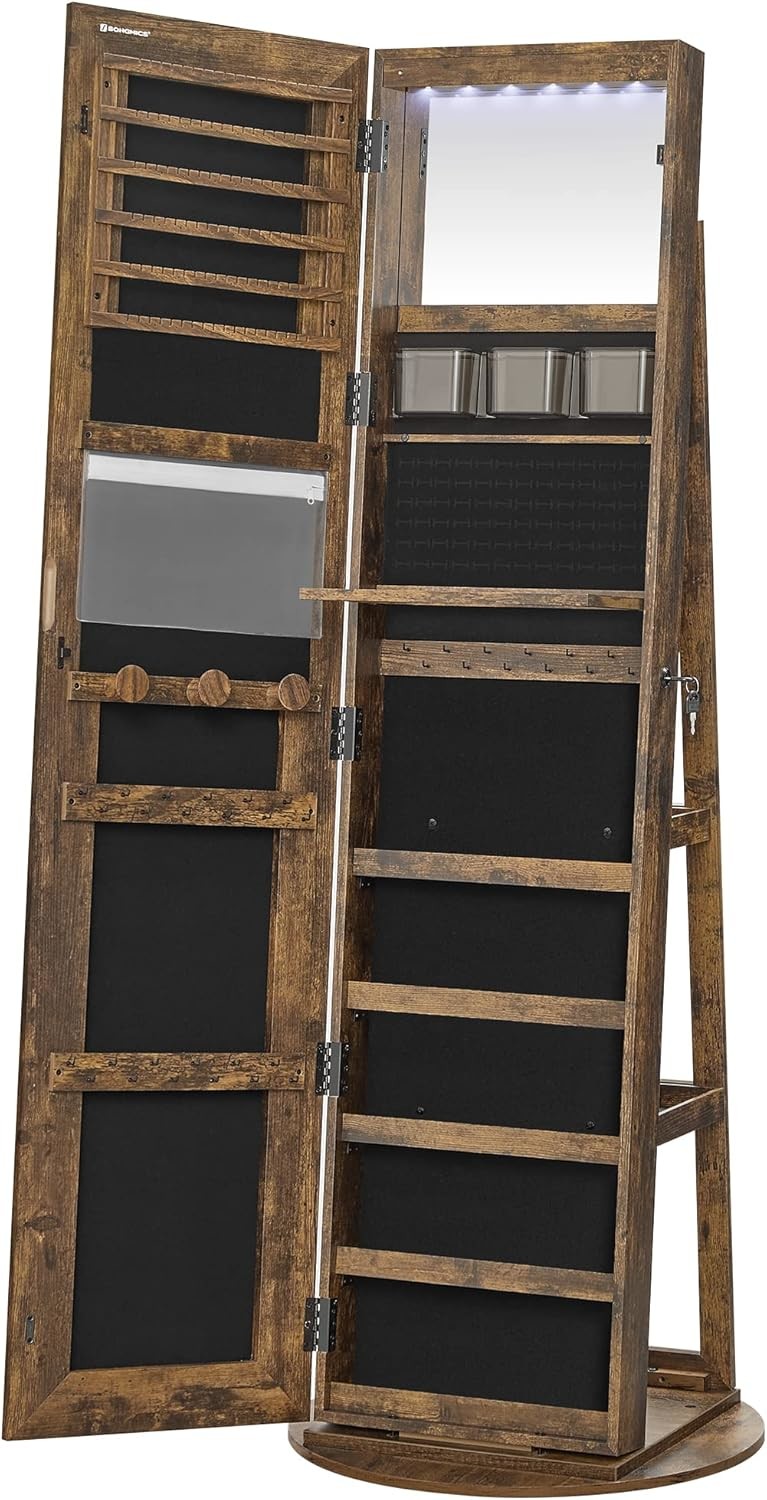 Lockable Full Length Mirror Cabinet Adjustable Lights LED Mirror Jewelry Cabinet Brown