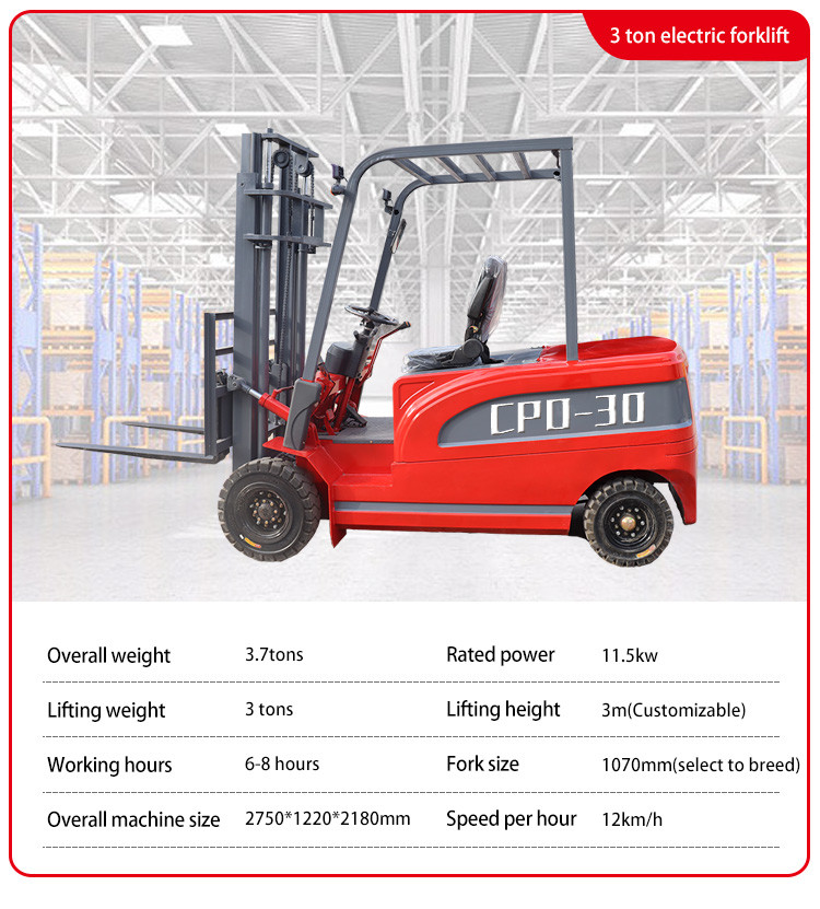 3 Ton Electric Forklift Equipped With Large Battery Capacity , Solid Tires 1.2M Fork Length