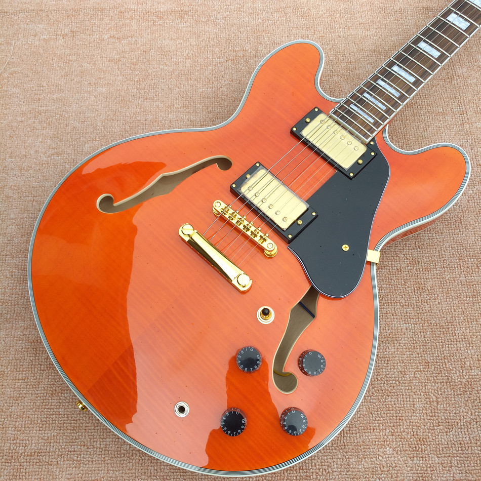 New style high-quality hollow body jazz electric guitar, Bursting maple top & back Double F holes electric guitar, free