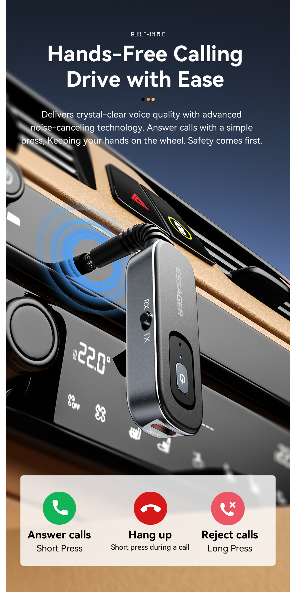 ESSAGER ES-BT10 Built in Battery Jack Aux 3.5mm to Bluetooth Transmitter Receiver