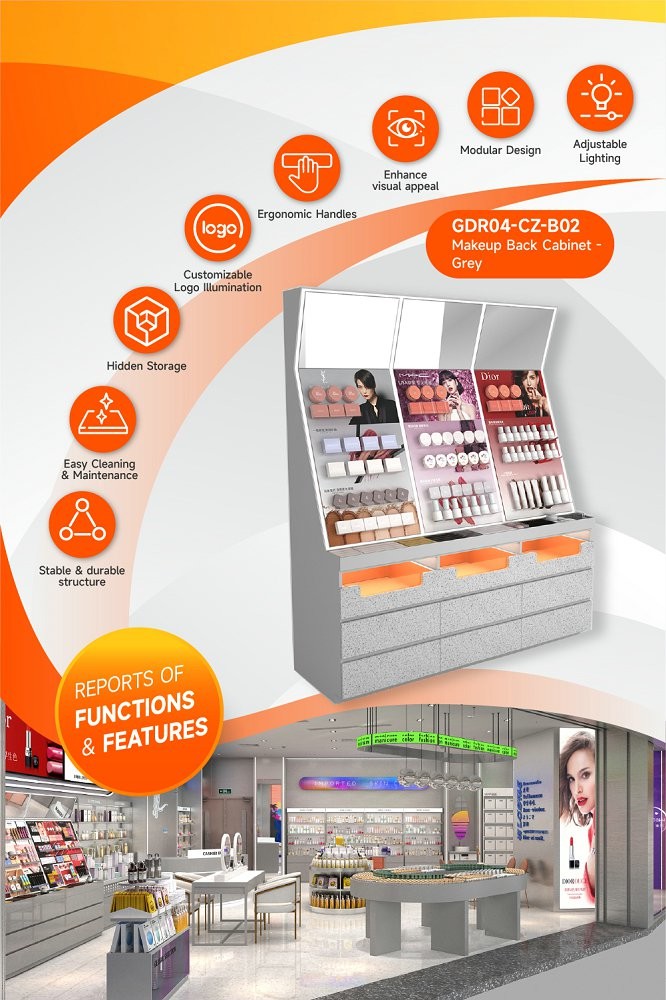 GDR04-CZ-B02 Makeup Display Rack with Grey Melamine Board and LED Strip Lights for Cosmetic Retail Stores
