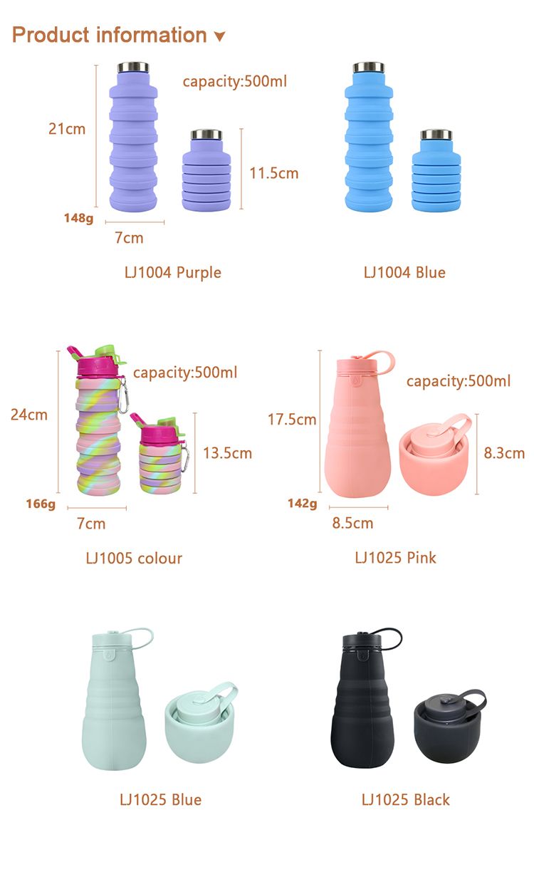 500ml Eco Friendly Silicone Water Bottle For Sport Travel Drinking