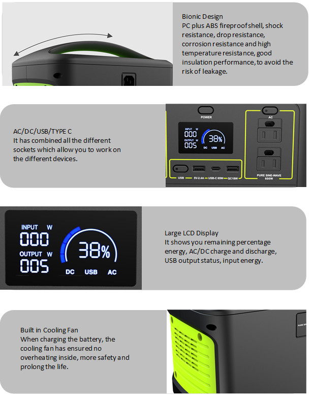 153600mAh 626Wh USB C DC AC 600W Portable Power Station For Camping