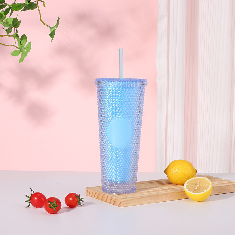 Studded Tumbler With Straw Tumblers With Lids And Straws Pink Tumbler With Straw Textured Cup BPA-Free Double-Wall Plastic Tumblers For Iced Coffee