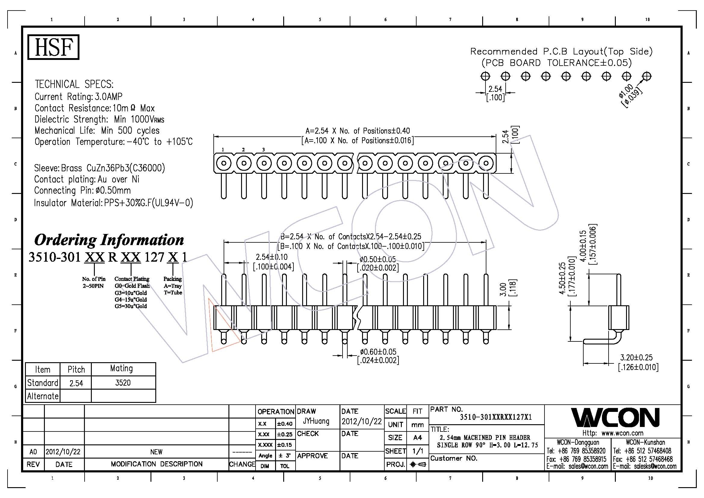 WCON Round Pin Header / 1*20P Ninety Degrees 2.54 Mm Pin Connector