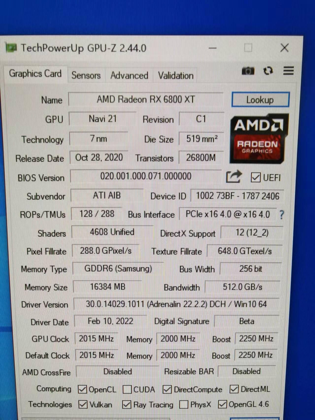 AMD Radeon Mining Graphic Card RX 6800XT 256bit 16gb NON LHR 512GB/S