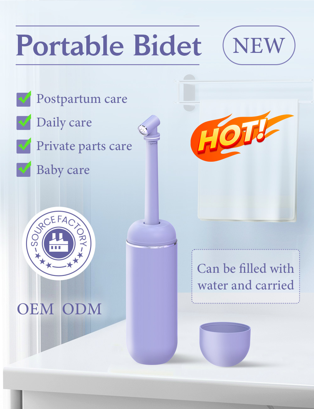 White Purple Pink Compact Portable Bidet 380ml Water Capacity ABS Model