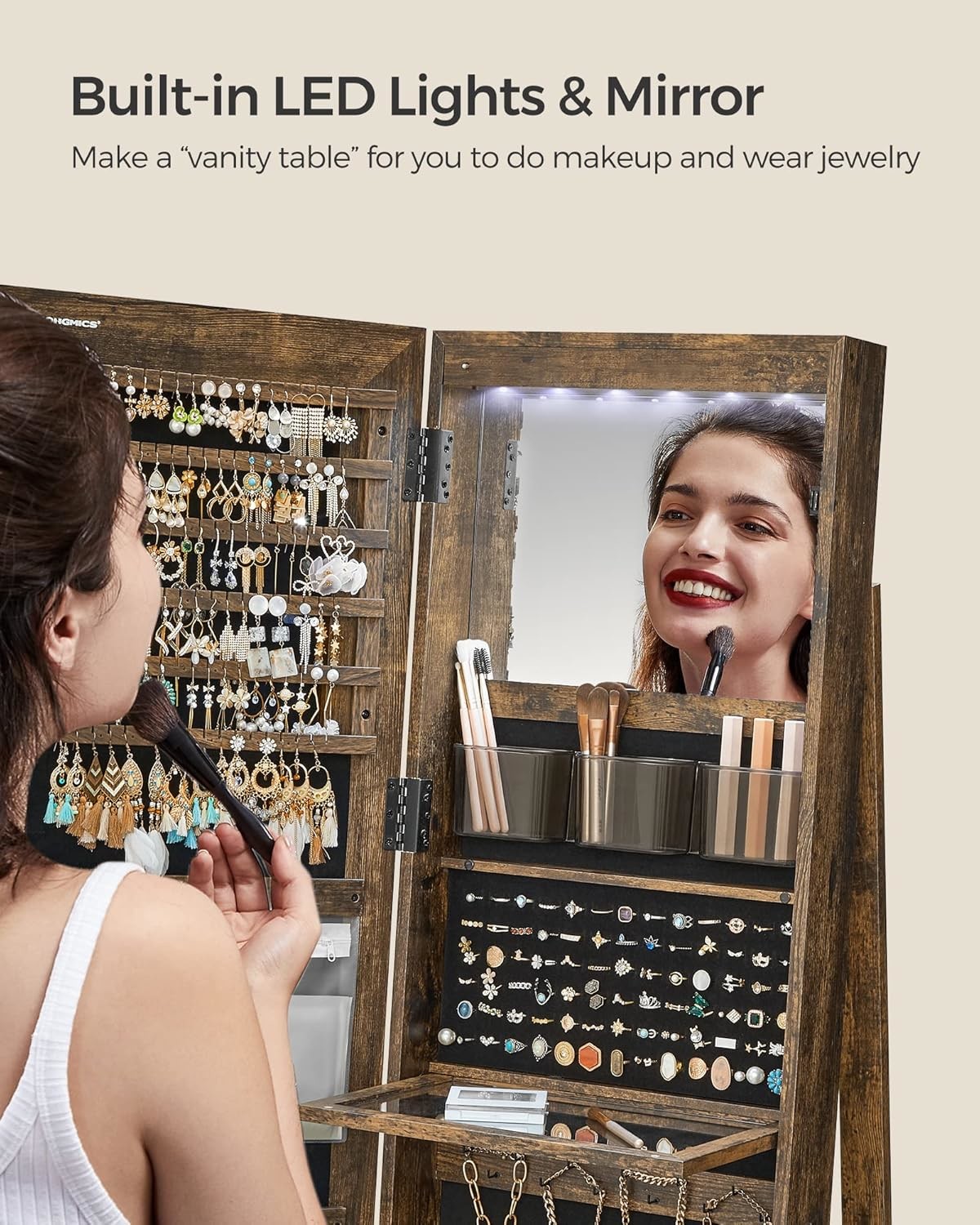 Lockable Full Length Mirror Cabinet Adjustable Lights LED Mirror Jewelry Cabinet Brown