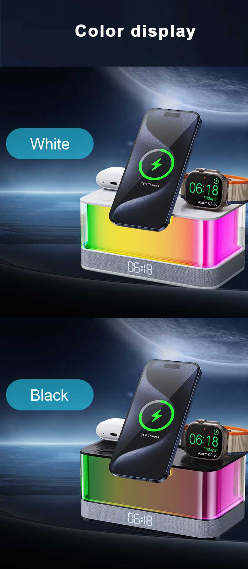 Colorful Lights Wireless Charger for iPhone iWatch and AirPods with Bluetooth Speaker