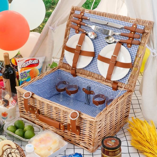 Cheap Picnic Basket for 4 Willow Hamper Set with Insulated Compartment Handmade Large Wicker Picnic Basket Set