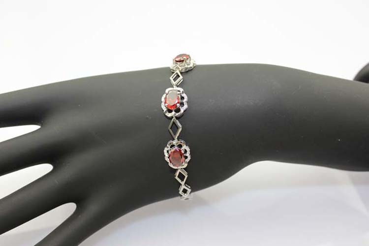 Sterling Silver 6x8mm Created Garnet and Clear Cubic Zircon Link Tennis Bracelet (H012)