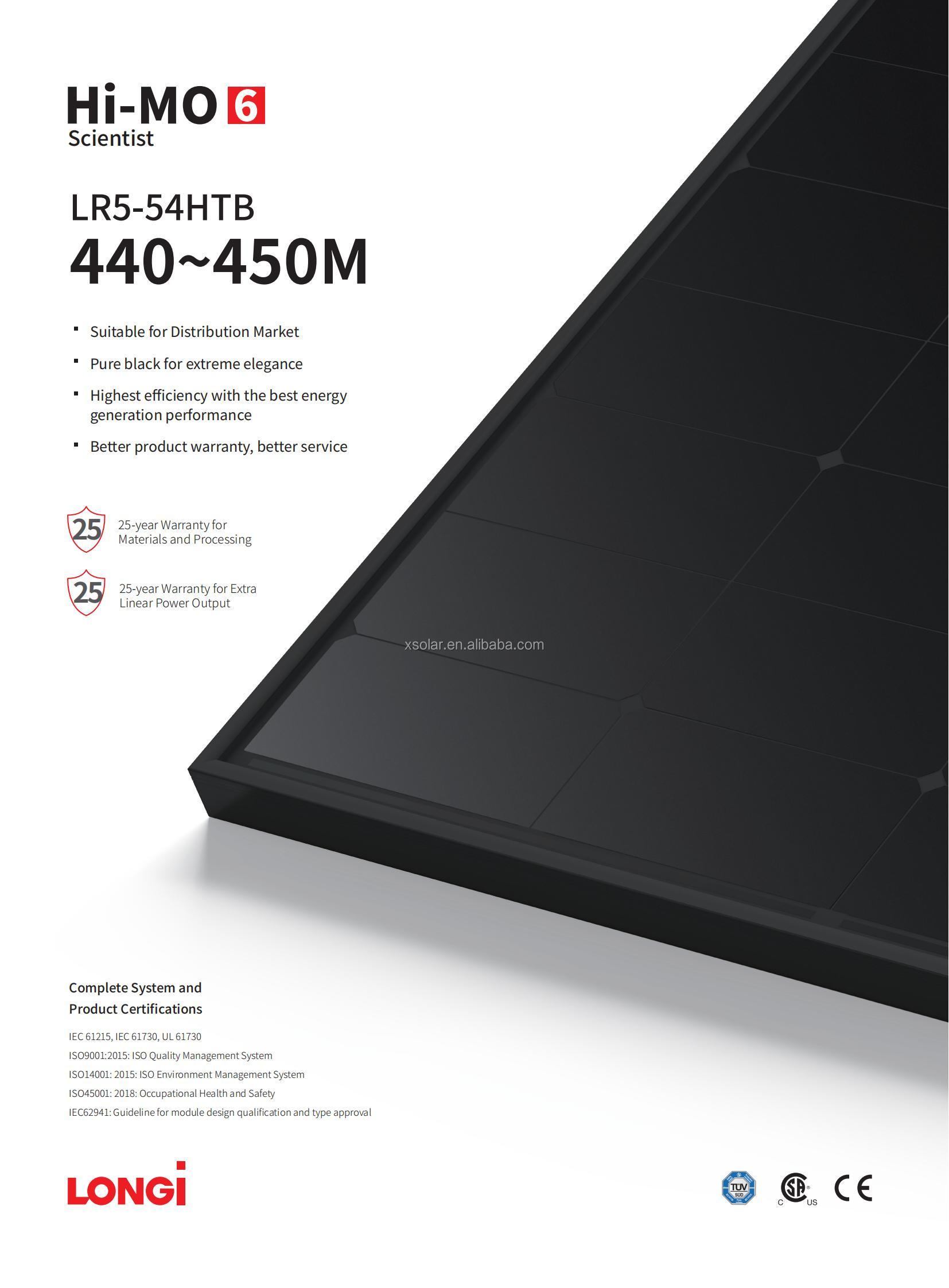 182mmx182mm Cell Size Longi Hi Mo 6 440w 445w 450W Mono Crystalline PV Solar Panels