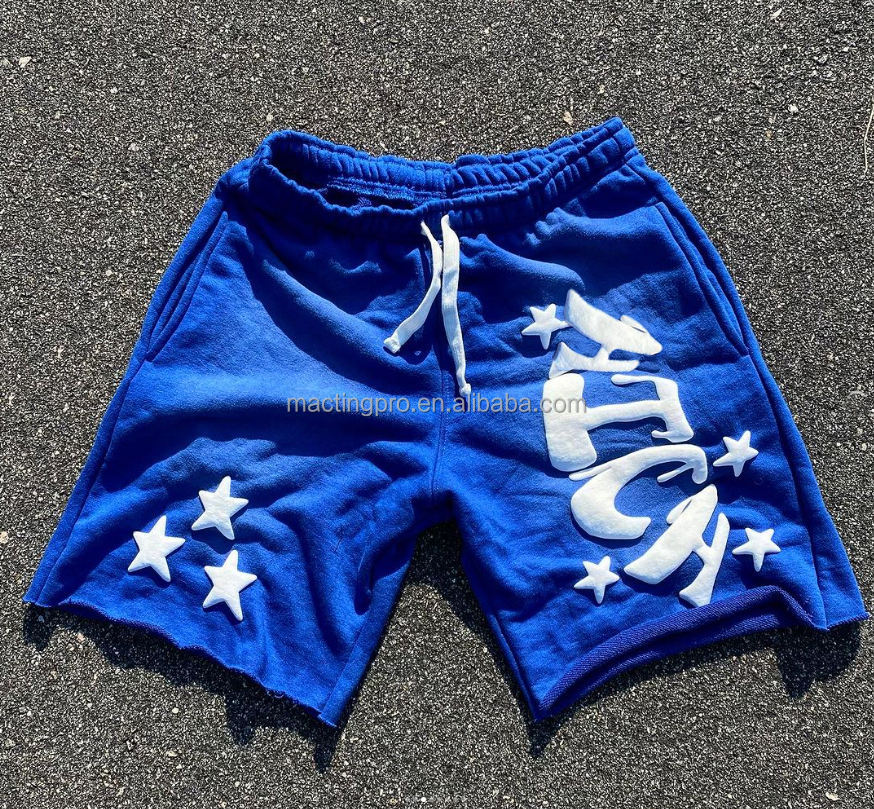 Men's Sun Faded Acid Wash Streetwear Shorts with Raw Hem and Rhinestone Puff Print