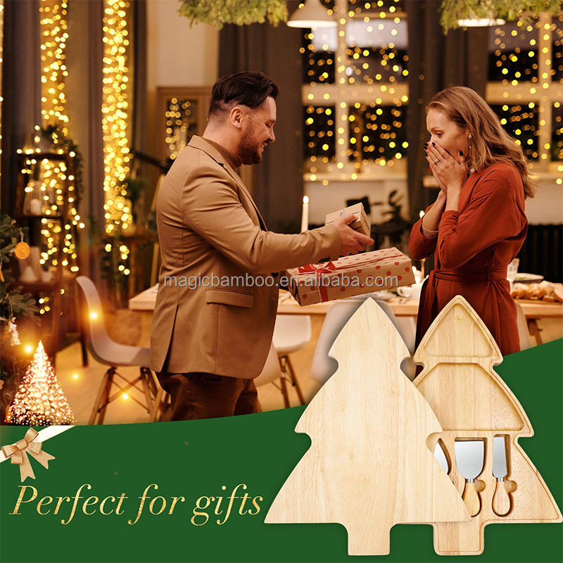 Unique Irregular Christmas Tree Charcuterie Board Set And Knives Made of Solid Bamboo