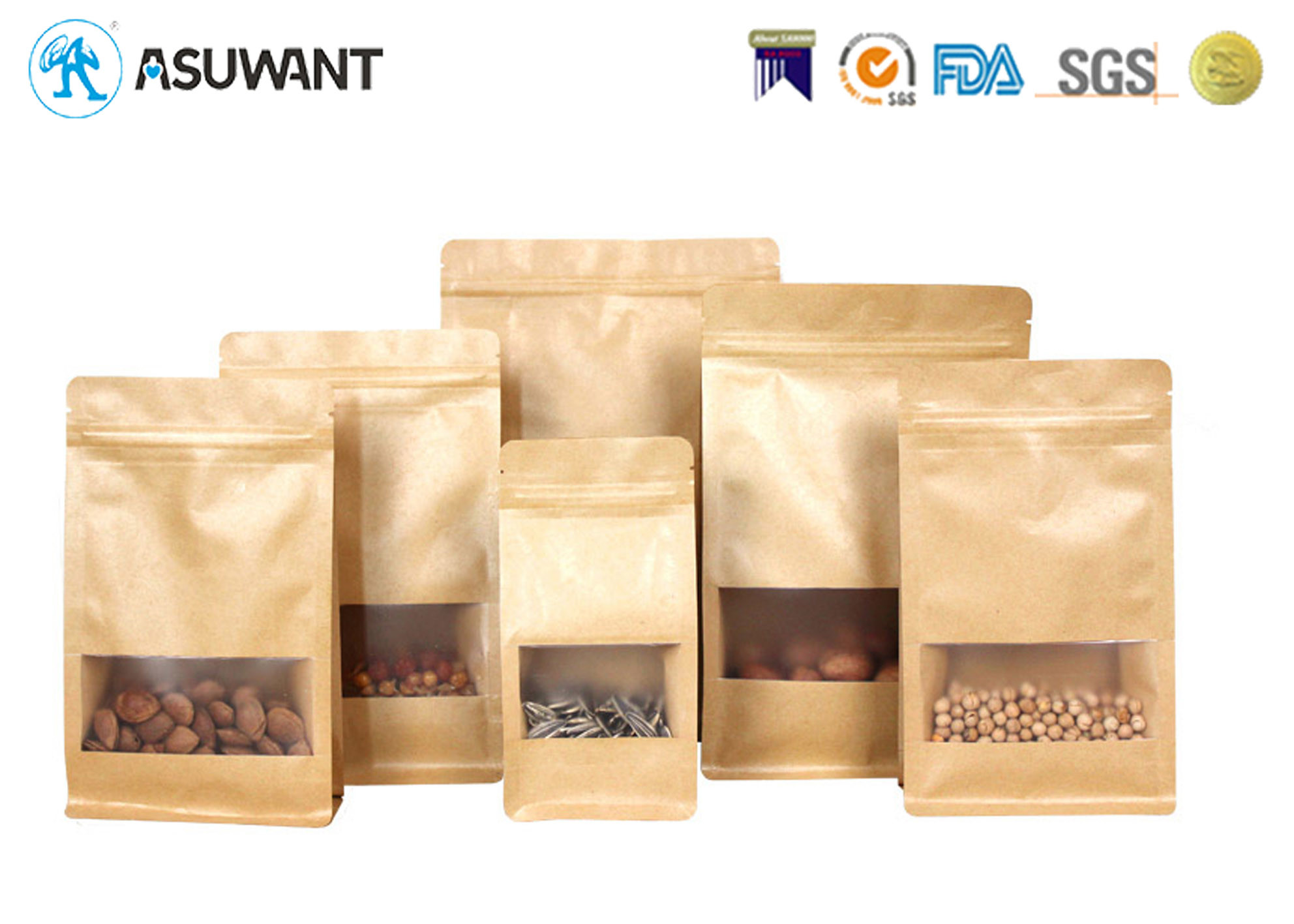 Snacks Square Bottom Flexible 120mic Kraft Paper Zipper Bags