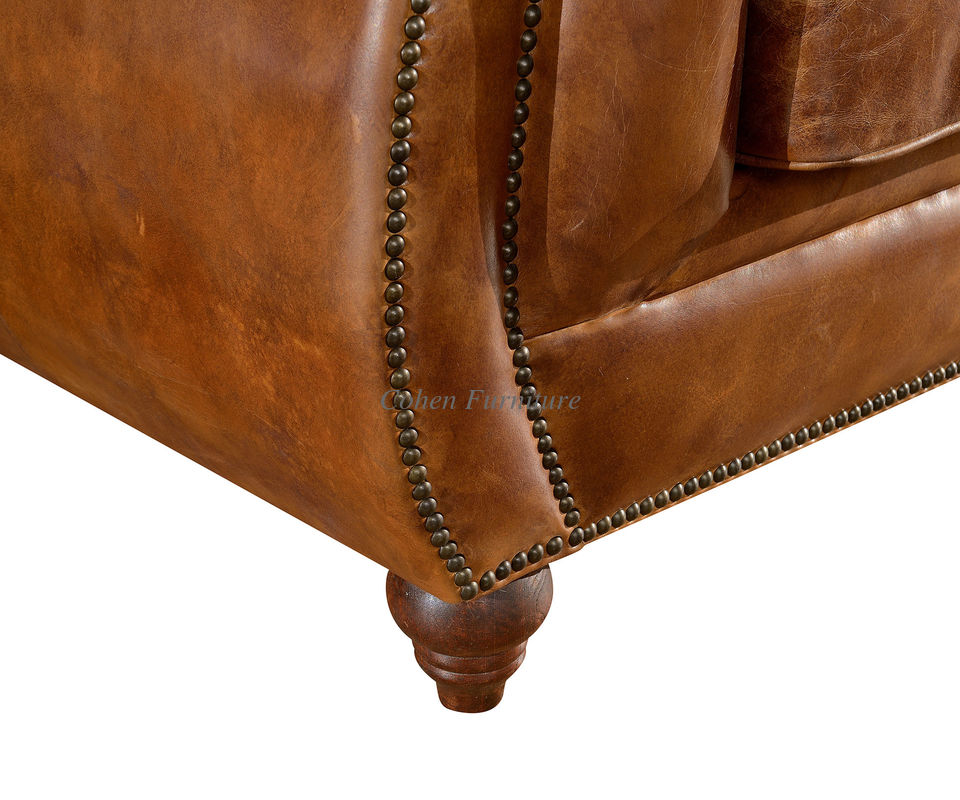Retro Vintage Three Seater Leather Sofa With Brass Nails / Leather Buttons