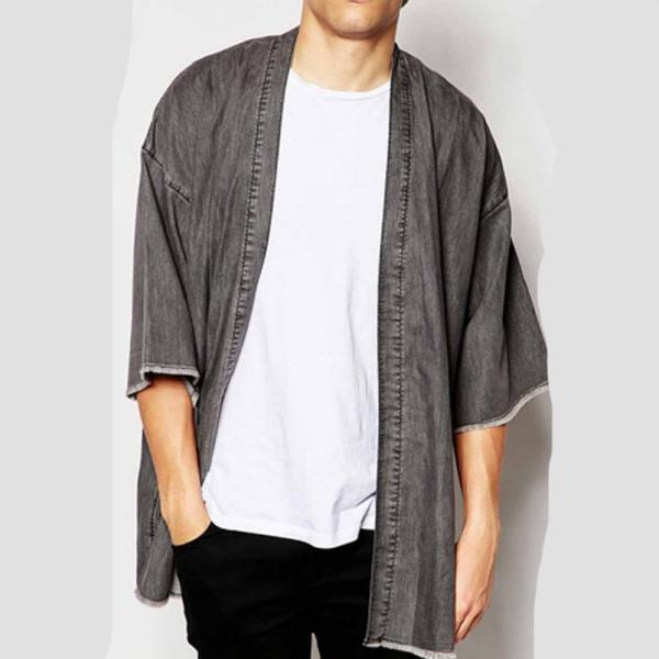 Wholesale oem open split front oversized 100%cotton black frayed hem denim