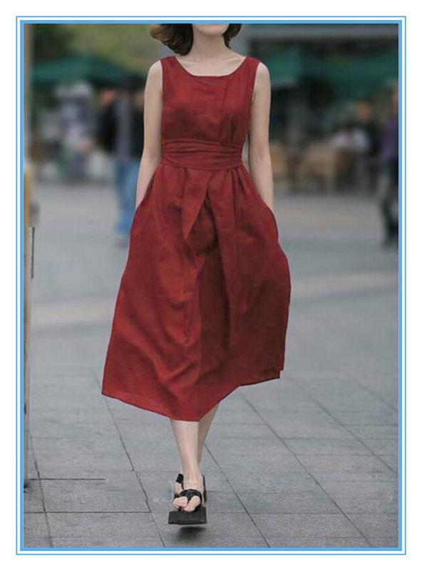 Fashion Lady Sleeveless Flare Linen Cotton Long Dress For Plus size