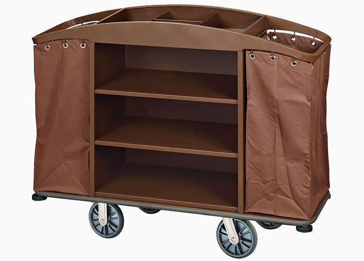 Brown Hotel Room Service Trolleys with 6 Inches PPR Casters Heavy Duty Linen Bags