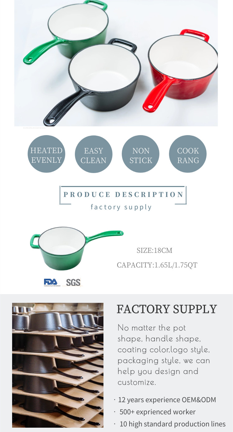 16cm Red Enameled Iron Cast Saucepan Pot With Long Handle