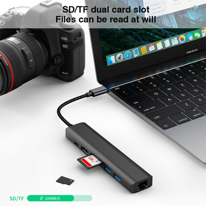Gray 7 In 1 USB C Type C Hub with 1000M RJ45 Gigabit Ethernet 4K HDMI PD 100W Adapter