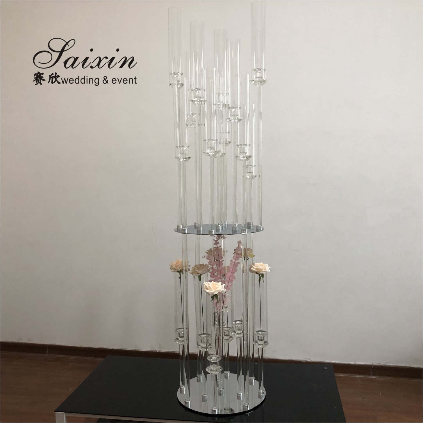 Antique Double 20 Holder Metal And Crystal Candelabra Glass Tube Tall Candlestick
