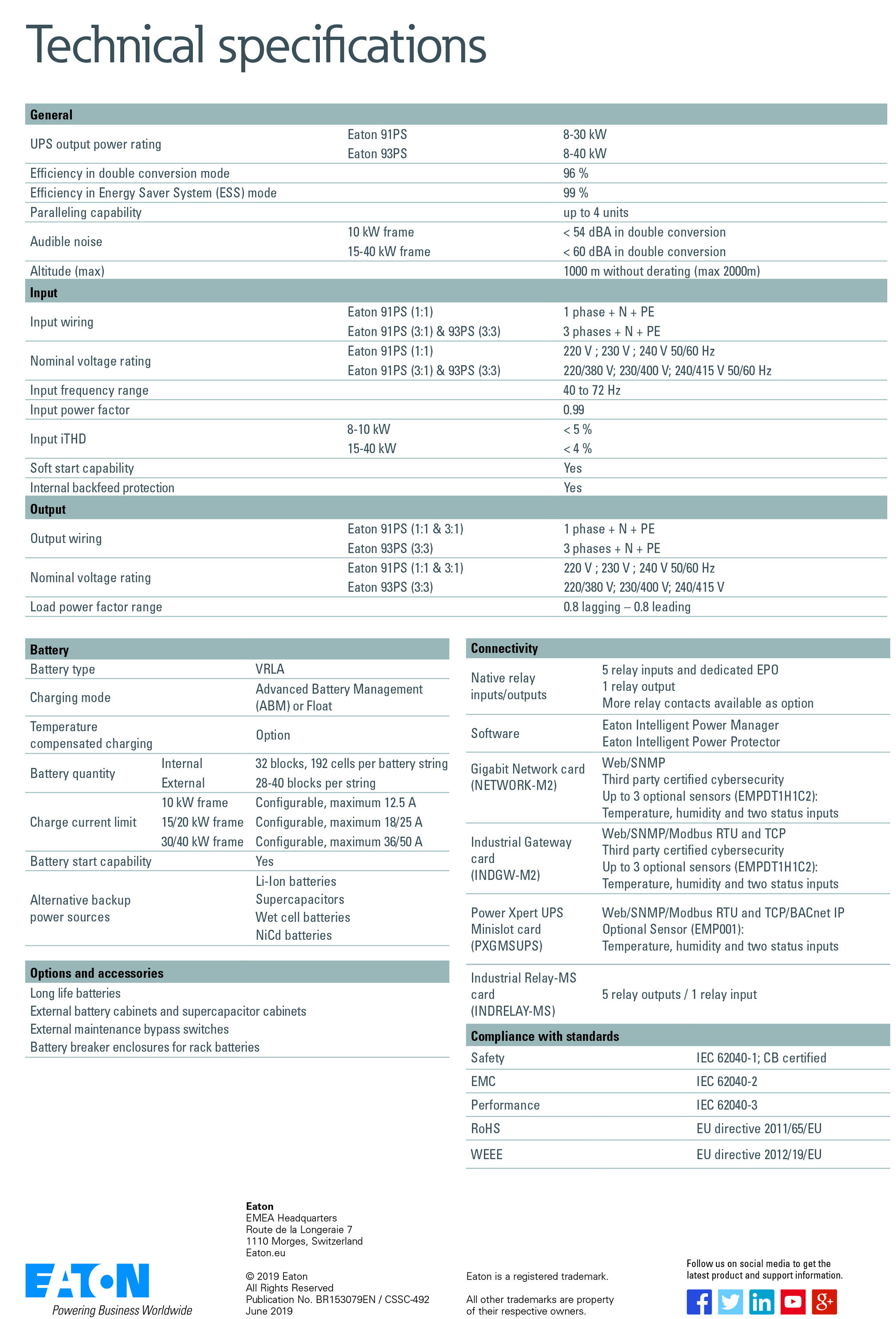 Eaton 93PS Series 3000kVA 3-Phase On-line UPS 25kVA 30kVA 600-1200kVA Battery Type AGM