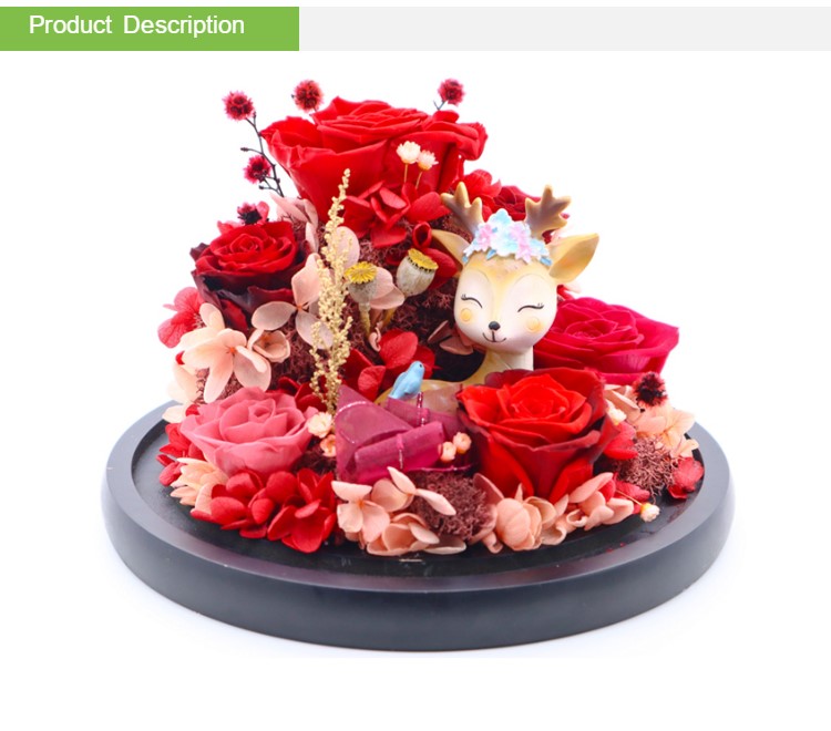 Christmas Decoration Preserved Rose Glass Dome With Christmas Reindeer