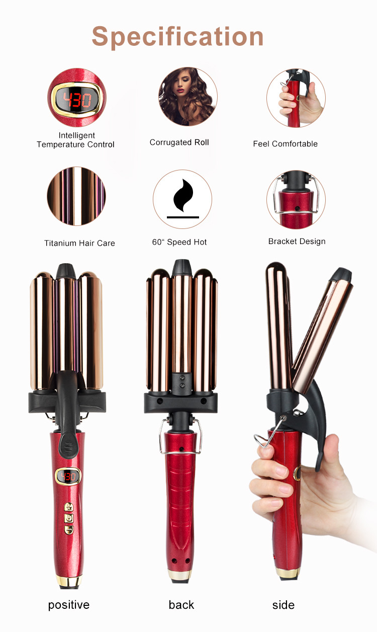 Titanium Coated Hair Curling Iron 3 Barrel Wand Temperature Adjustable With LCD Screen