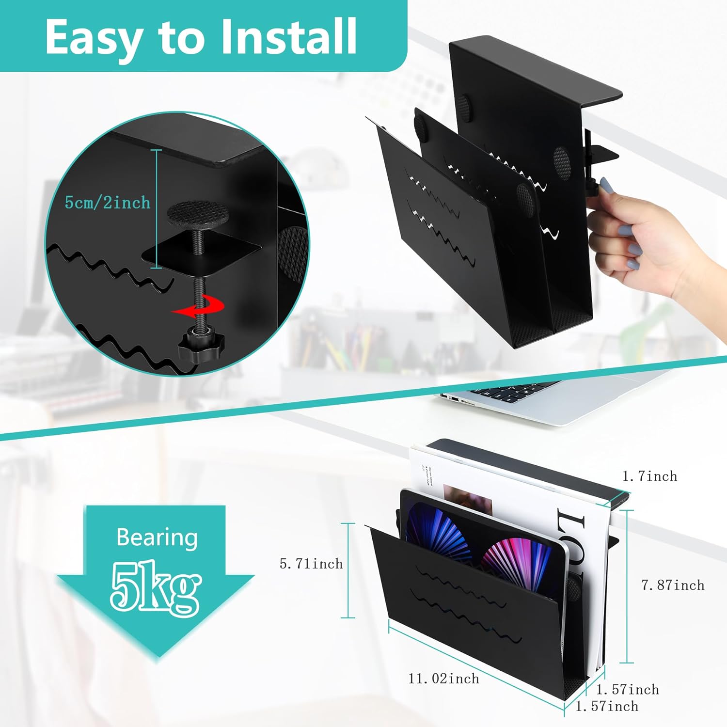 Desk Side Storage Holder No Drill Under Desk Cable Management Tray Steel Hanging Tray
