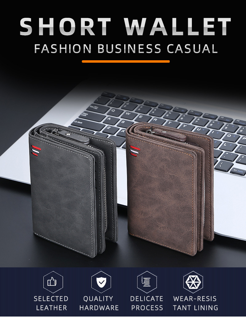 Men's Medium Size RFID Blocking Leather Wallet with Zipper and Credit Card Holder
