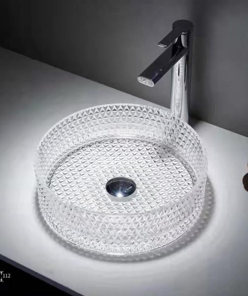 12mm Table Top Hand Wash Basin 15.5 Inch Transparent Crystal Round Bathroom Sink