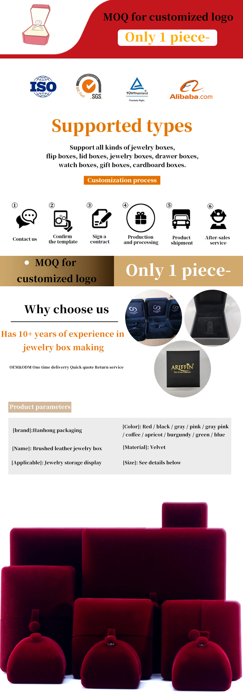 Customized Size Red Velvet Jewelry Box for Luxury Bracelets Earrings and Necklaces