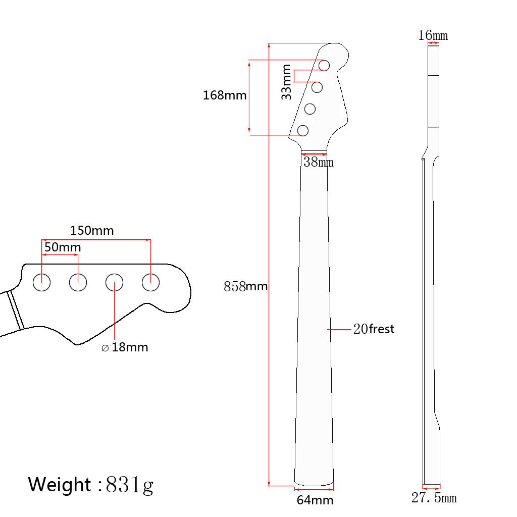 Electric Bass Guitar Neck Gloss Finish 20 Fret Maple Wood Bass Guitar Neck Adjustable Truss Rod