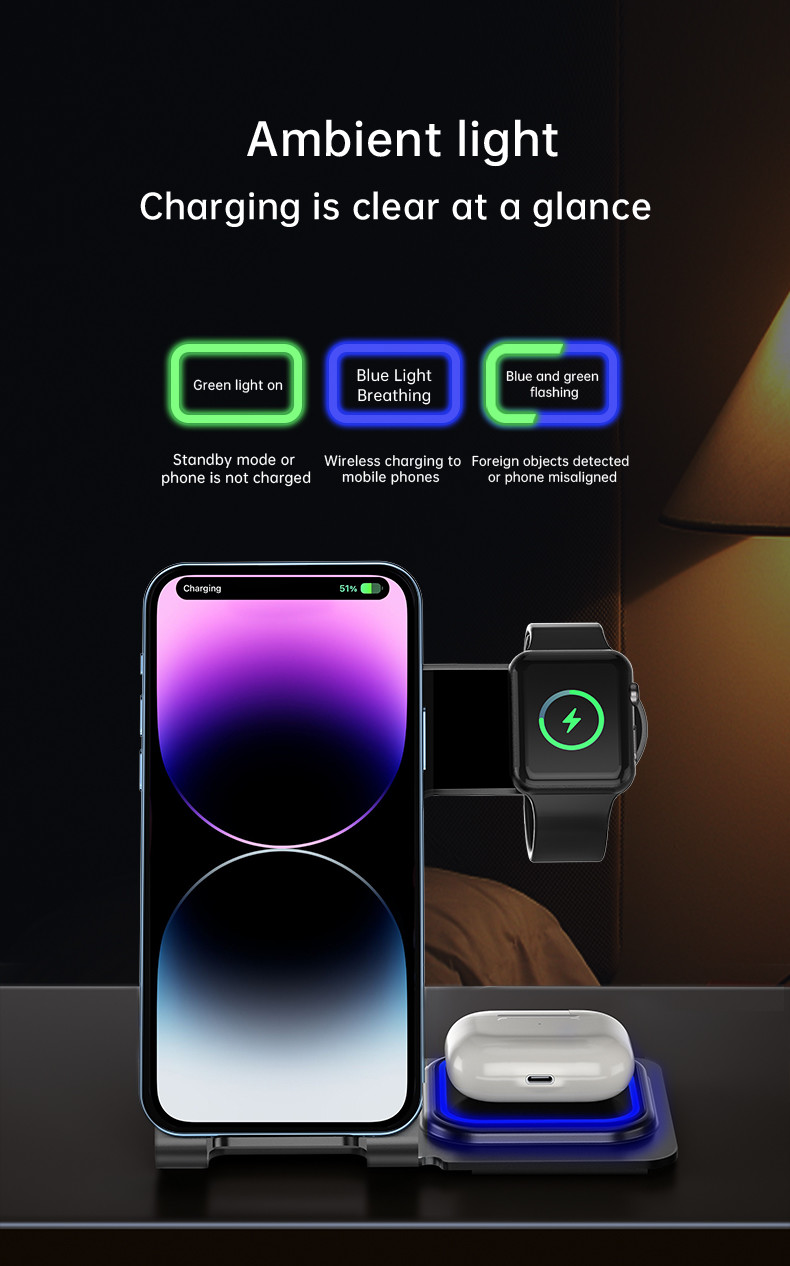 Aluminum Alloy 3 In 1 Wireless Charging Stand 15W Power Over Temperature Protection