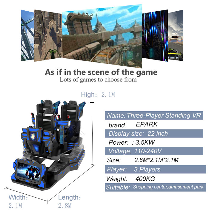 3.5KW 9D VR Simulator Three Player Standing Shooting Racing Game Machine