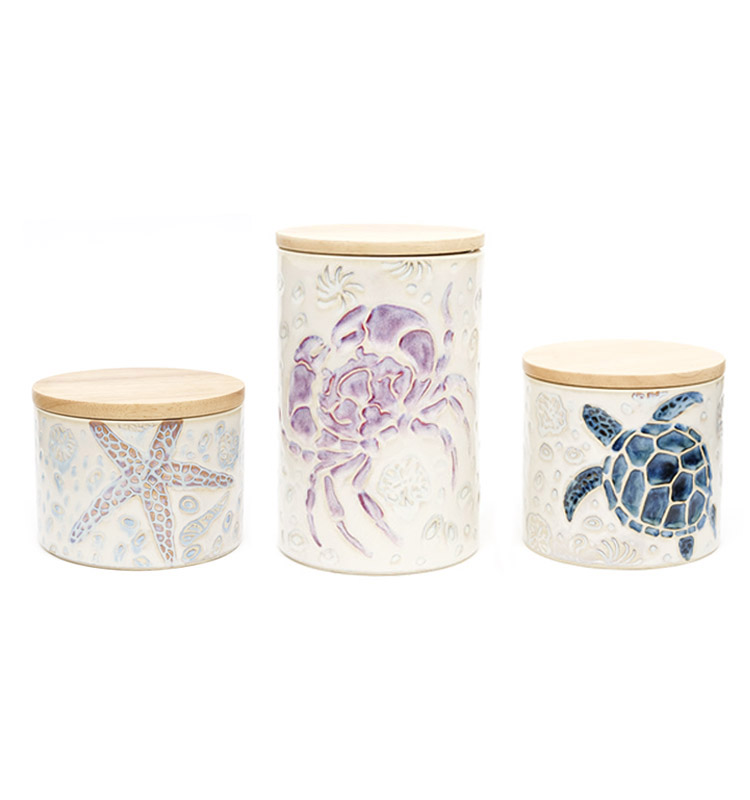 Ceramic Airtight Coffee Canister Jar Handpanting Reactive Glaze Ocean Style Bulk Ceramic Jar With Bamboo Lid