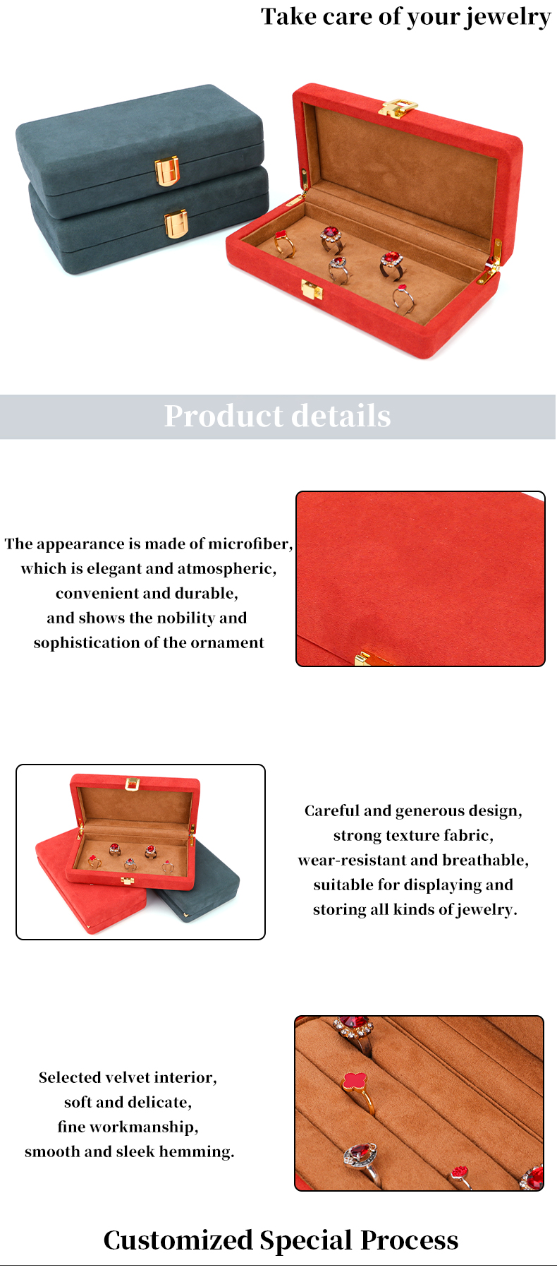 Custom Orange Microfiber Leather Jewelry Box for Stud Bracelet and Ring 19.5*11*5cm