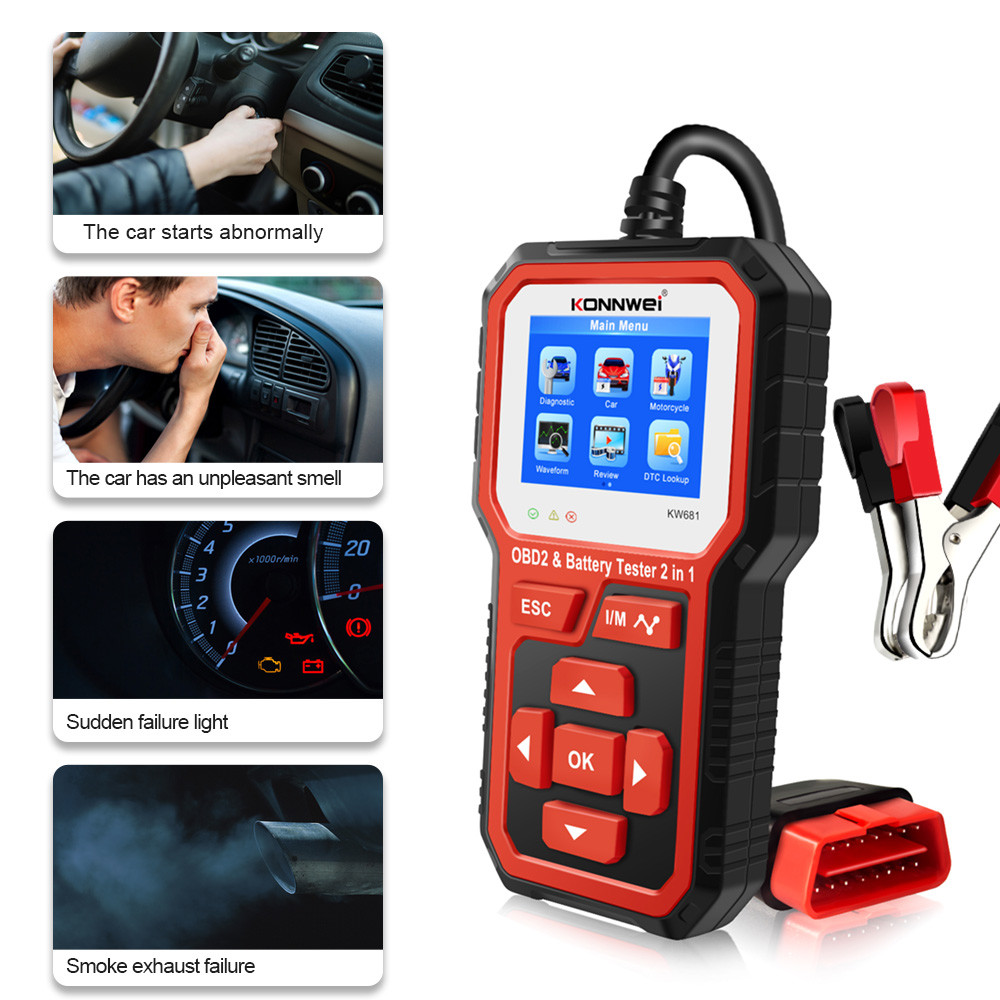 OBD II ABS Konnwei Car Battery Tester 9 Languages TFT Screen