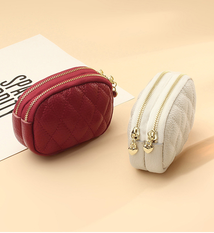 Double Zippers Genuine Leather Mini Keychain Coin Pouch for Women's Daily Needs